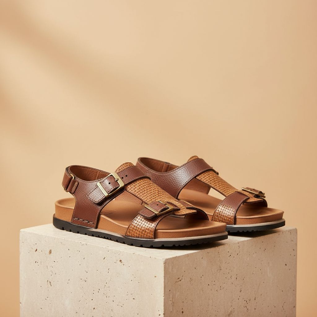 Sandale cuir homme marron avec semelle rembourrée ajustable