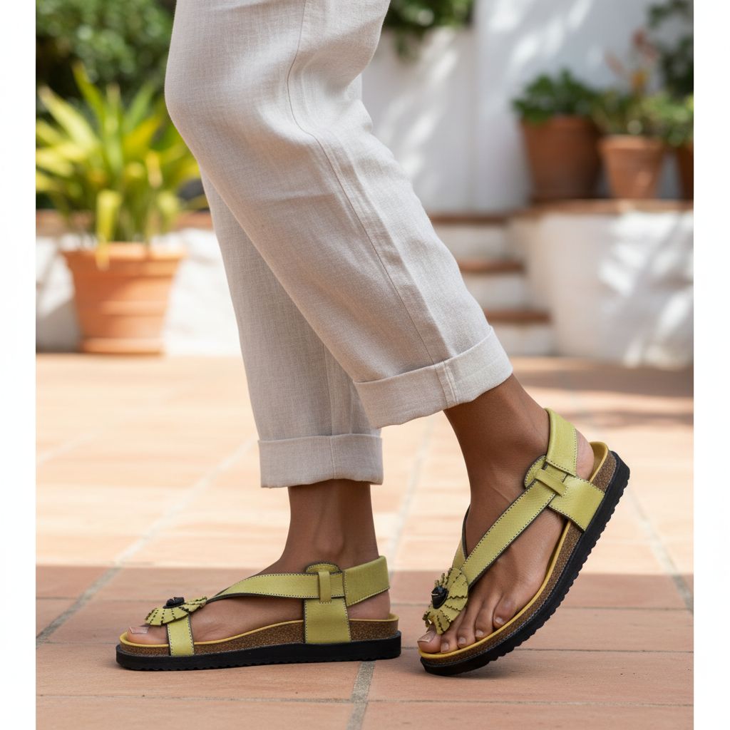 Sandale femme cuir artisanal vert jaune – confort et élégance estivale