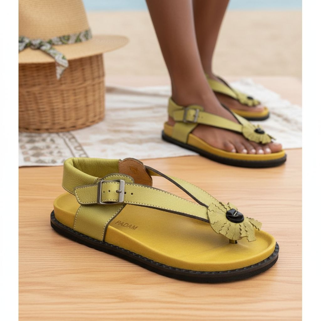 Sandale femme cuir artisanal vert jaune – confort et élégance estivale