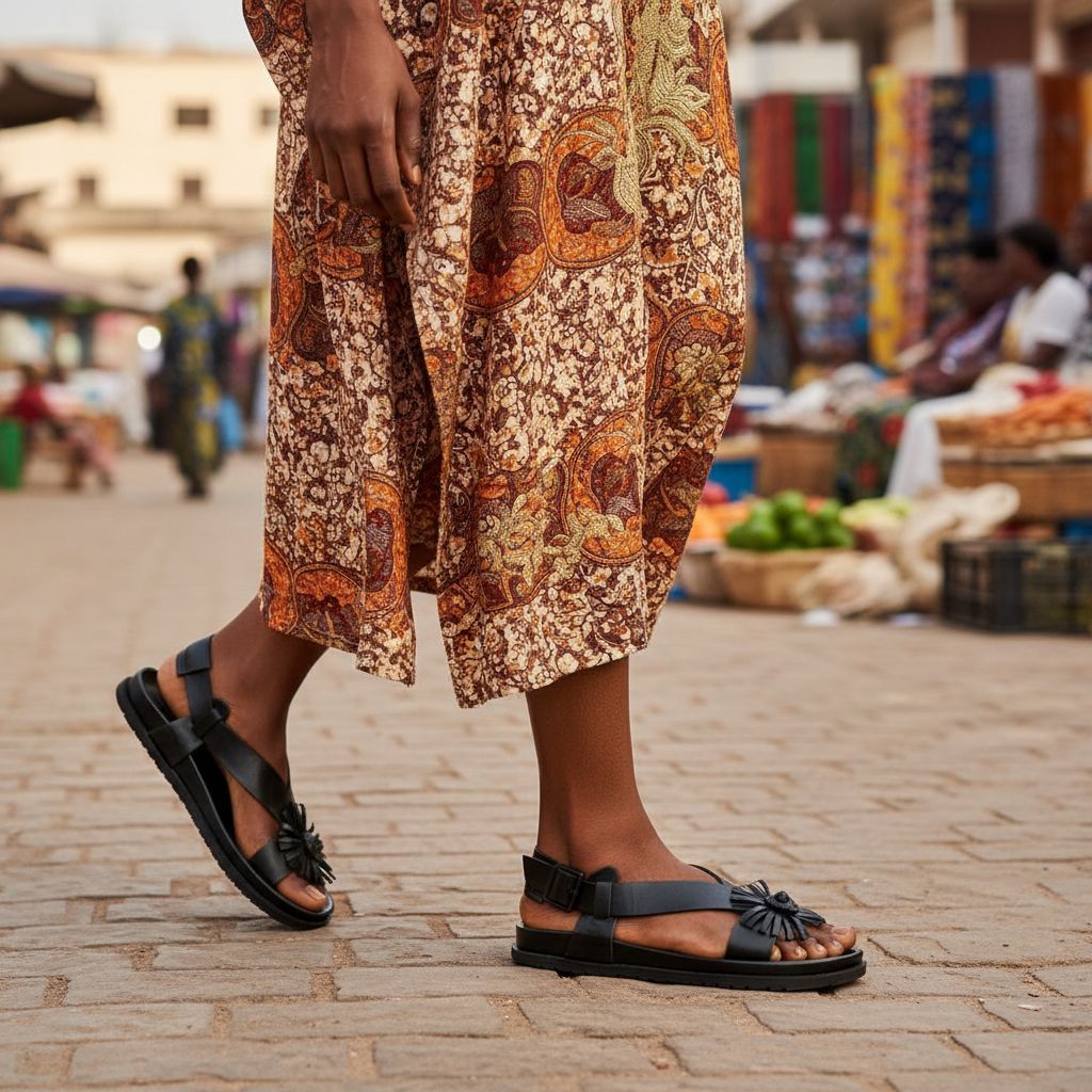 Sandale femme cuir noir artisanale fleur
