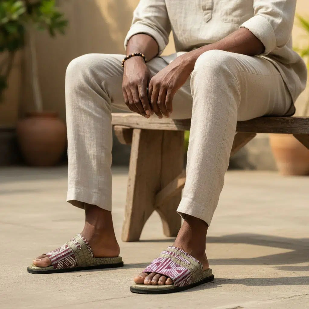 Sandale homme croco chic – pagne tissé, confortable et élégante