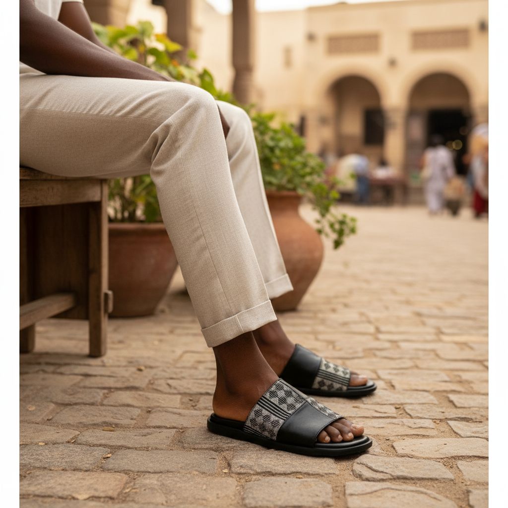 Sandale homme cuir noire croisée avec pagne tissé