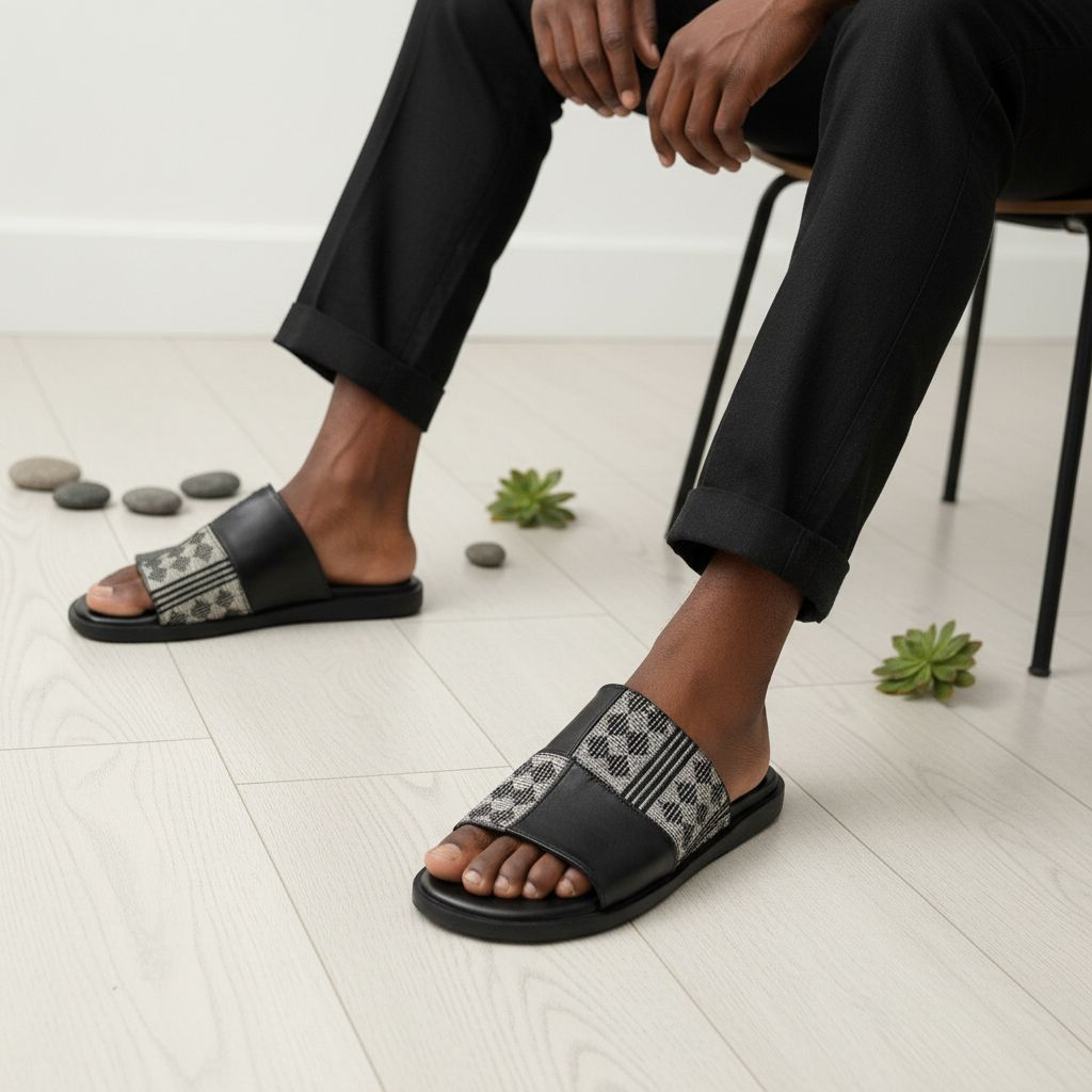 Sandale homme cuir noire croisée avec pagne tissé