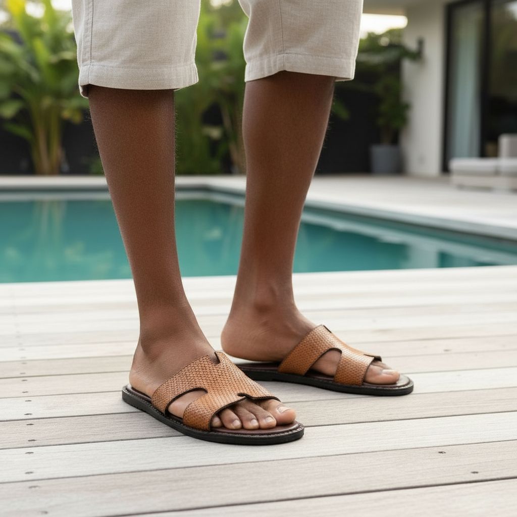 Sandale homme cuir Hermes marron et noir design H, élégante et confortable