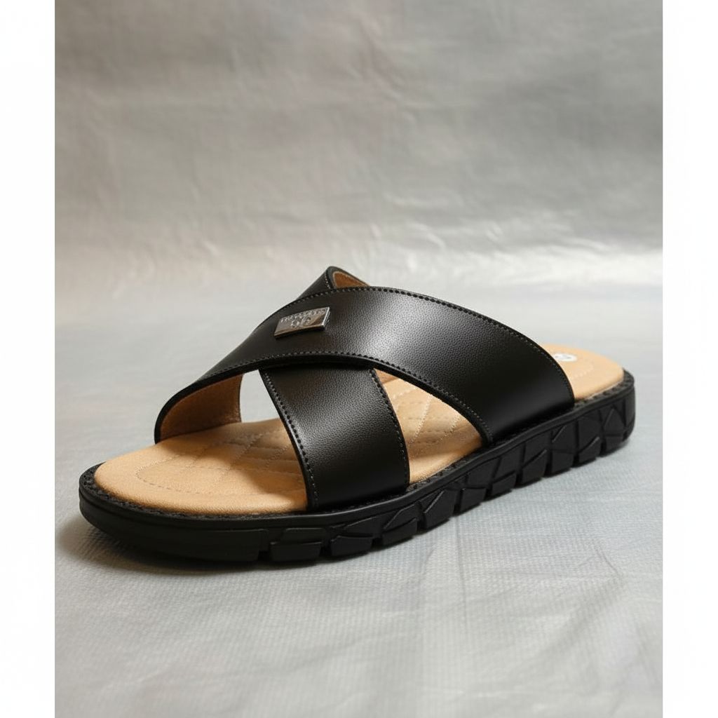 Sandale homme cuir noir élégante NGAYES, semelle antidérapante confortable