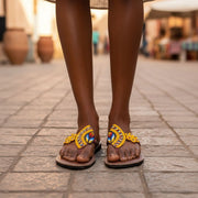Sandales cuir femme motif géométrique jaune