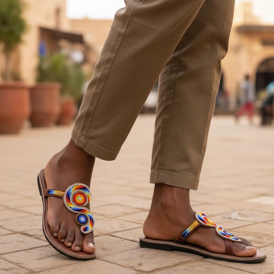 Sandales cuir femme avec motifs multicolores et perles