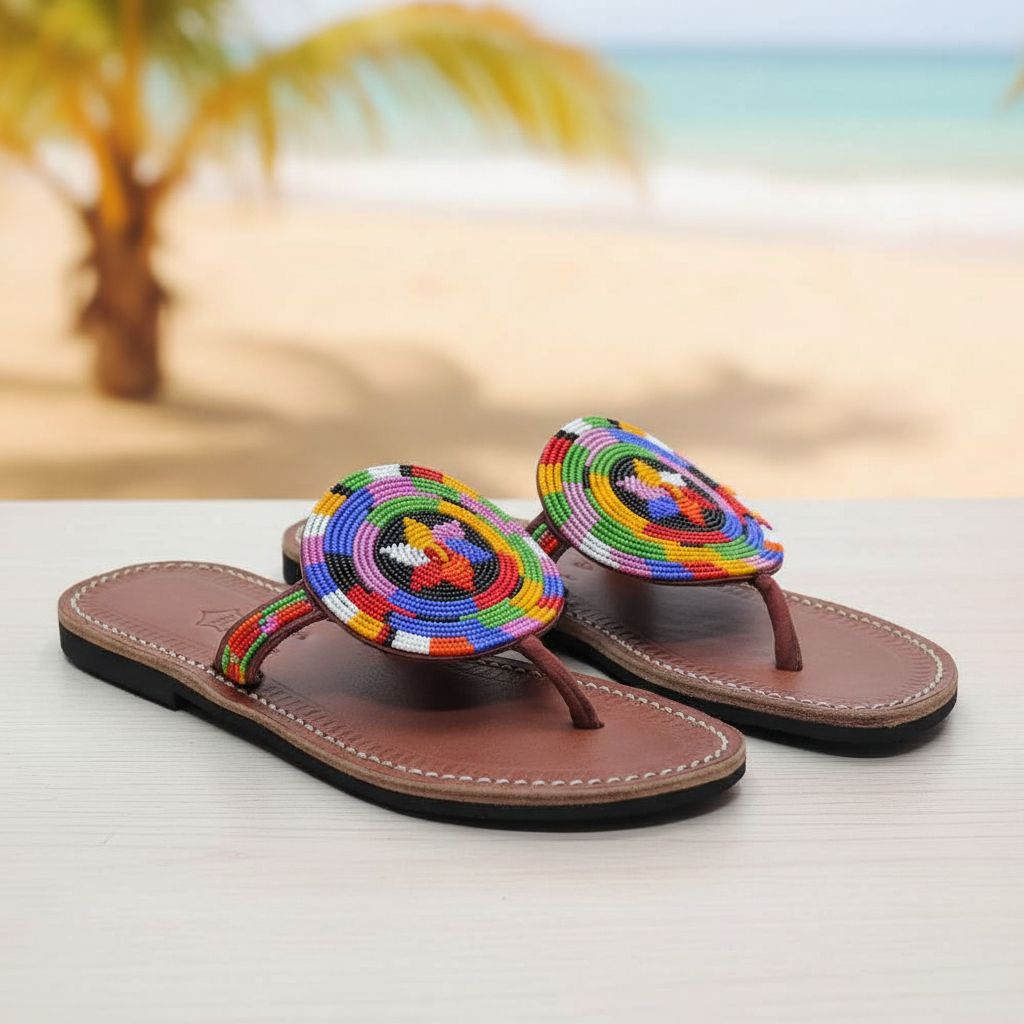 Sandales cuir femme multicolores motif perles