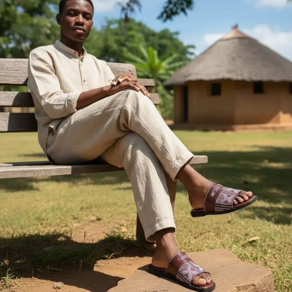 Sandales en cuir homme ethniques pagne tissé