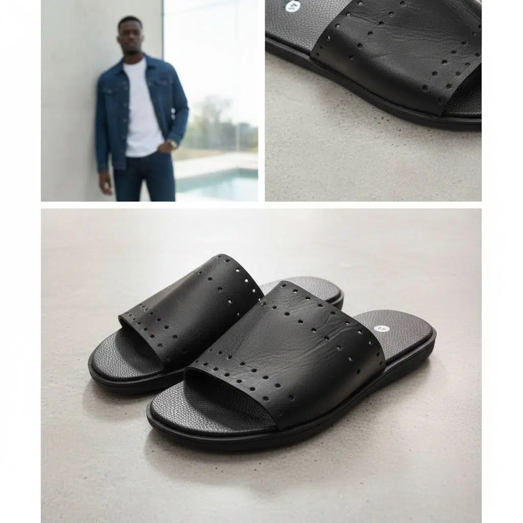 Sandales cuir homme noires respirantes et antidérapantes (Taille 44)