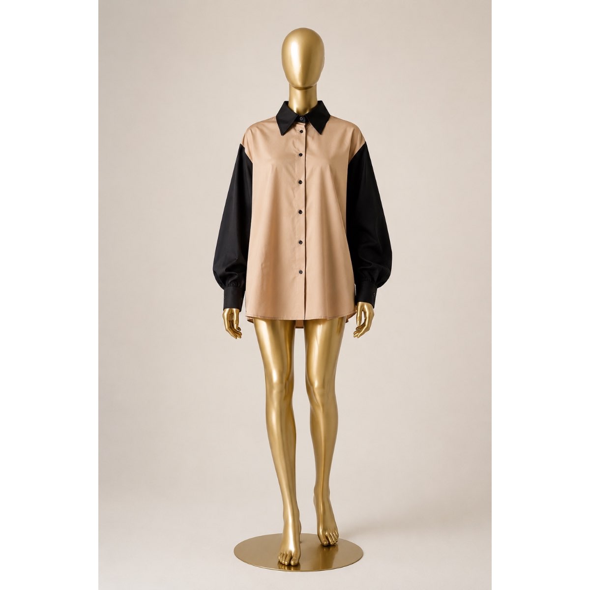 Chemise oversize femme bicolore beige noir, ample chic manches longues