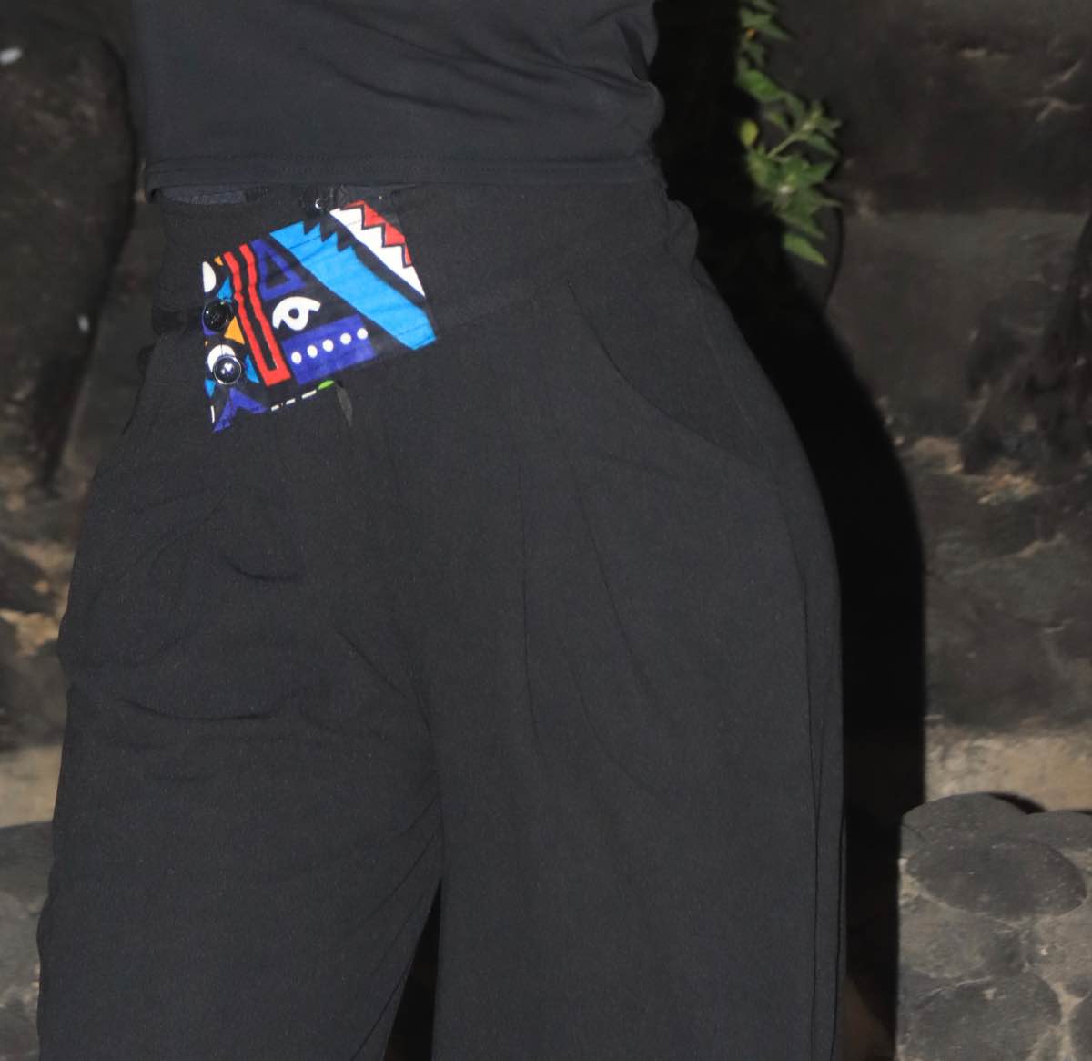 Pantalon femme noir ample et wax, chic décontracté, taille haute confortable