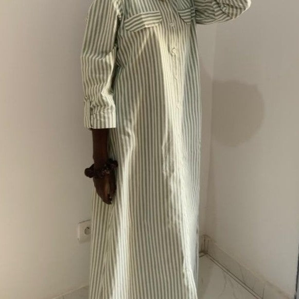 Robe longue femme rayée vert blanc en coton
