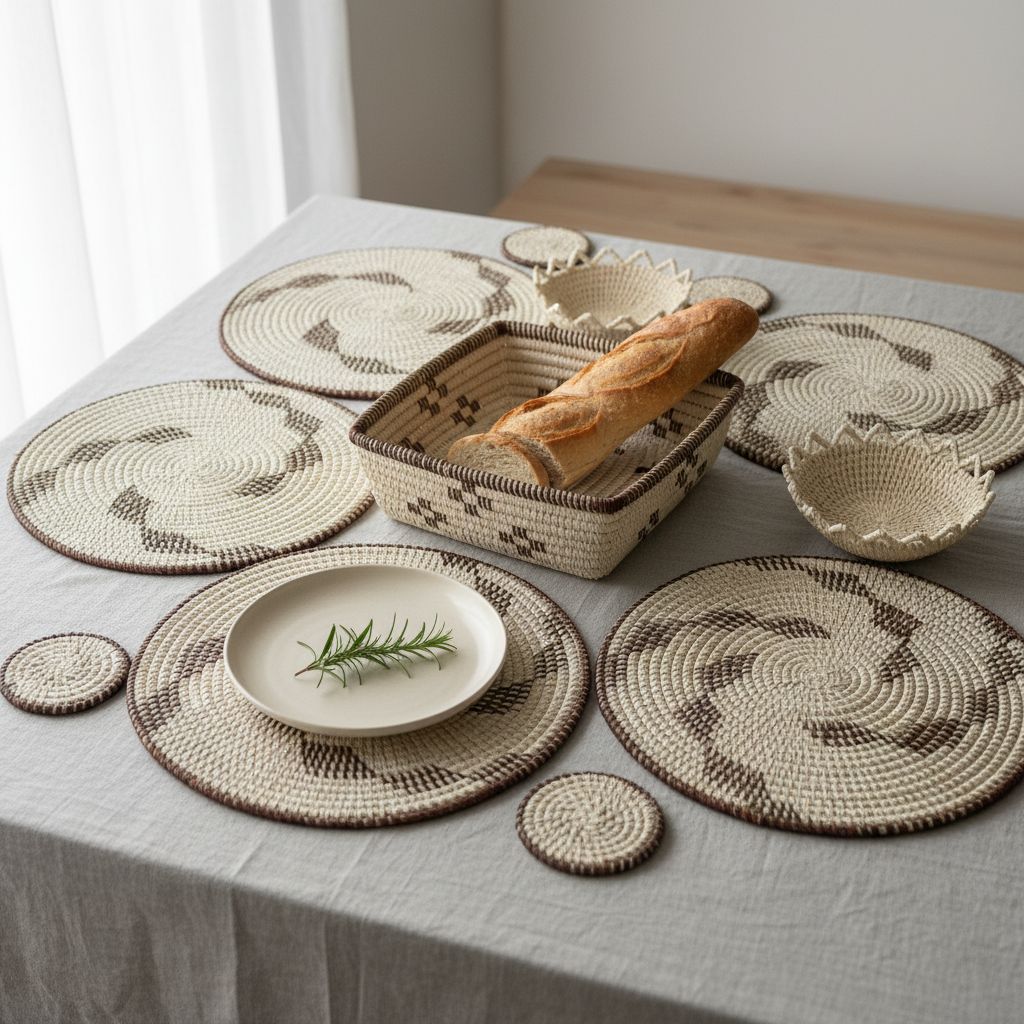Set de 6 sous plats en osier avec panier à pain, déco table bohème