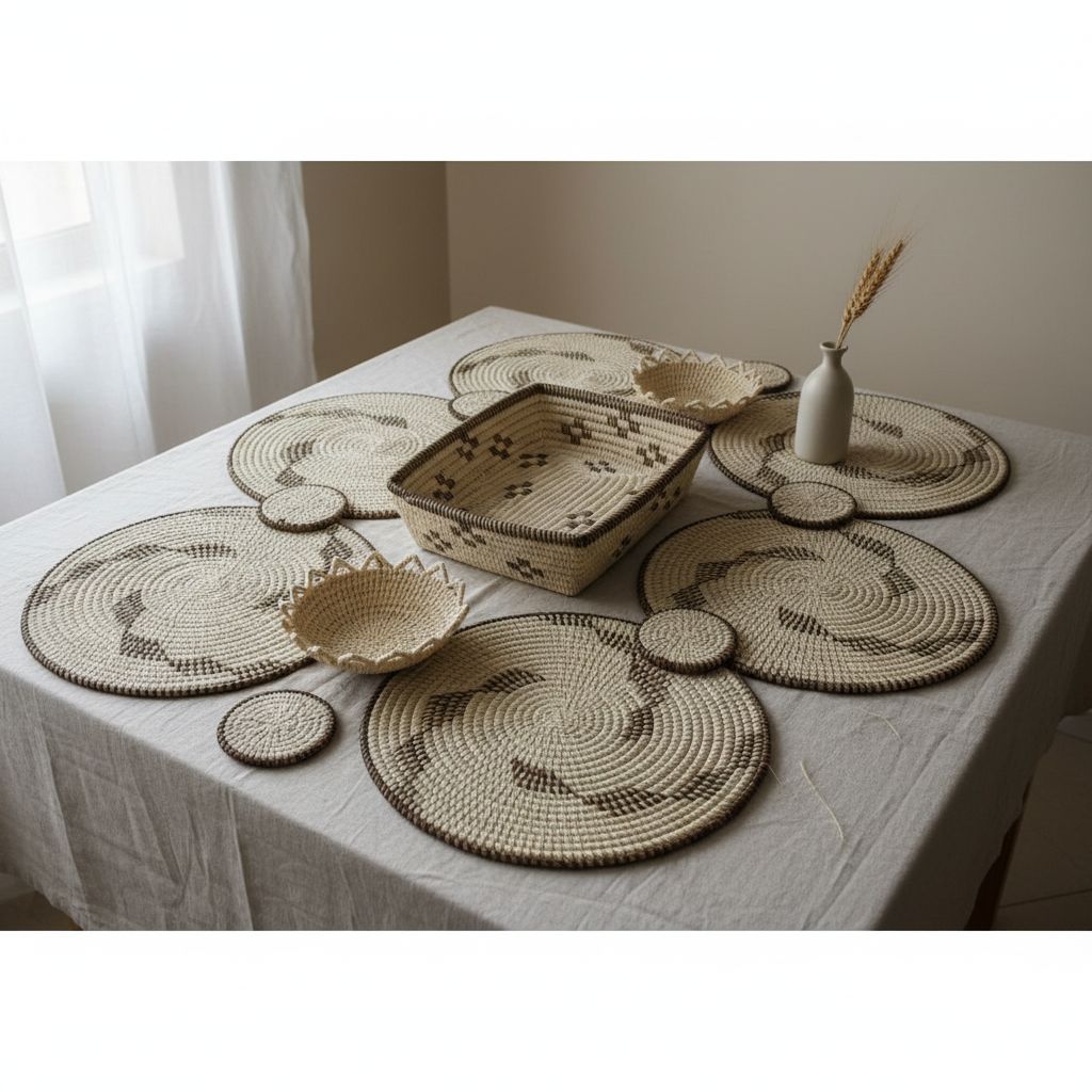 Set de 6 sous plats en osier avec panier à pain, déco table bohème