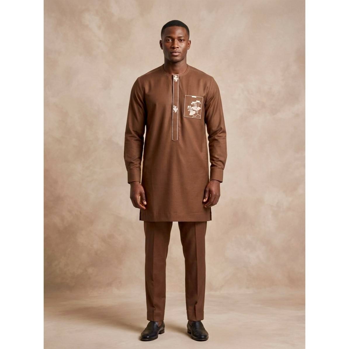 Tenue africaine homme brodée marron – Ensemble traditionnel élégant XL XXL