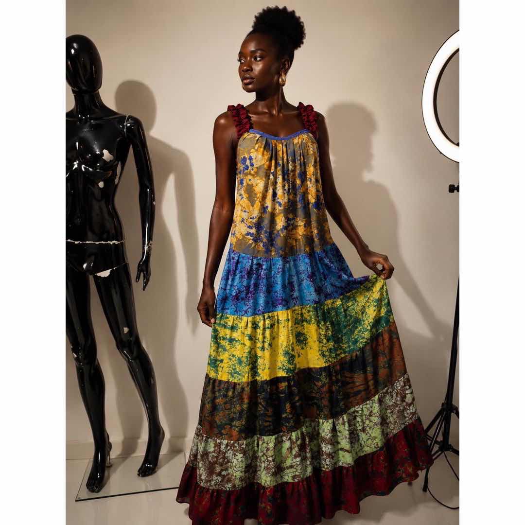 Robe été femme patchwork colorée, fluide et légère, manches courtes