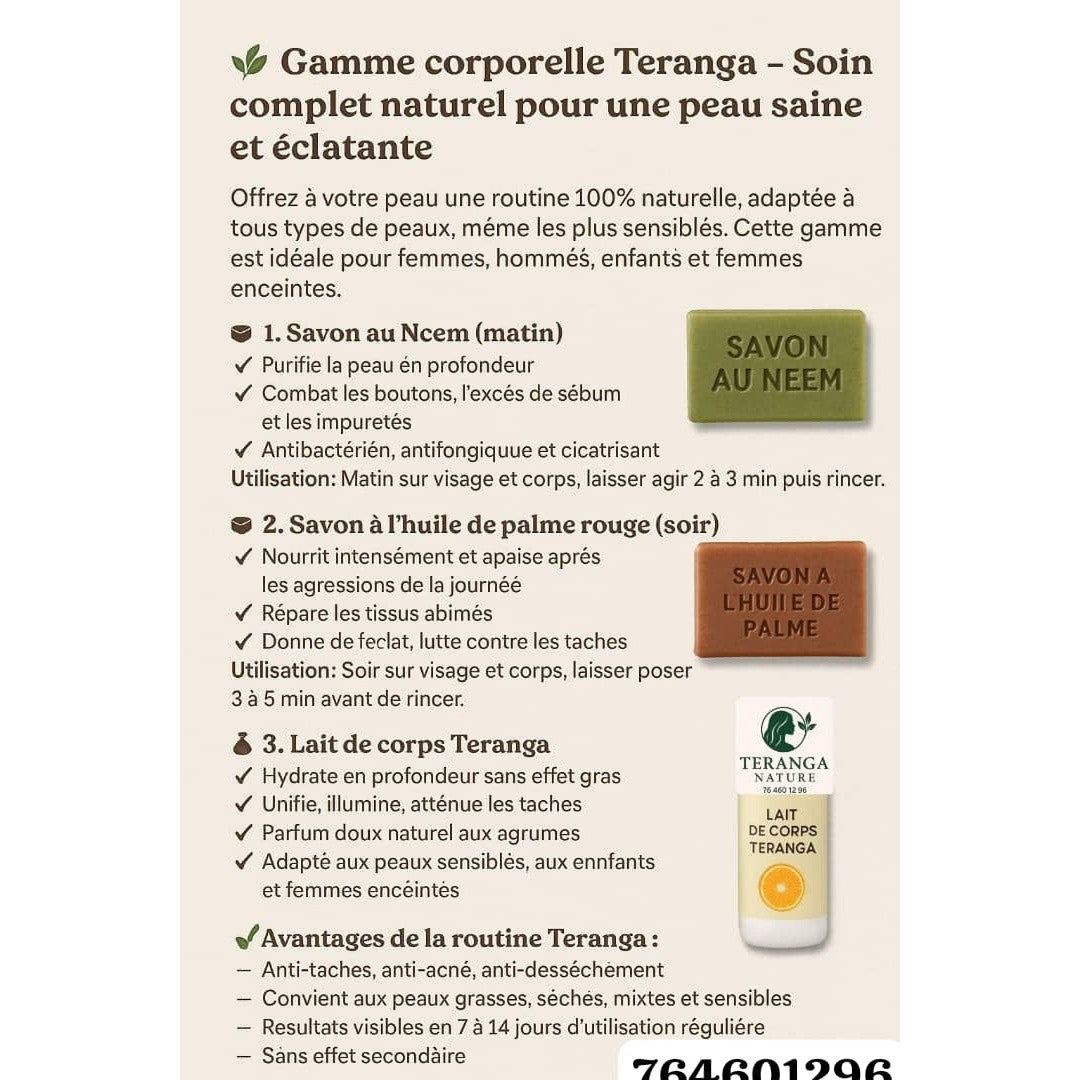 Gamme corporelle naturelle Teranga : routine glow up, savons & lait hydratant