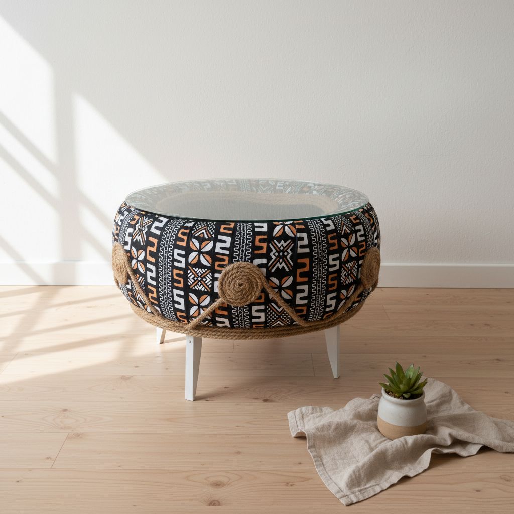 Table basse design multicolore ethnique et recyclée, meuble salon original
