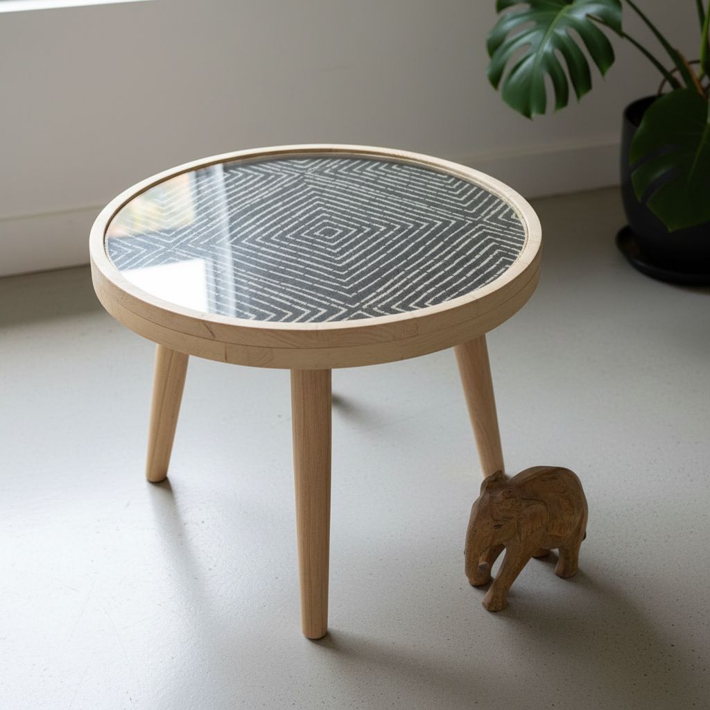 Table basse en verre et textile africain design ethnique, mobilier artisanal