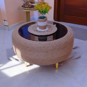 Table Basse Ronde en Corde Naturelle et Plateau en Verre Noir