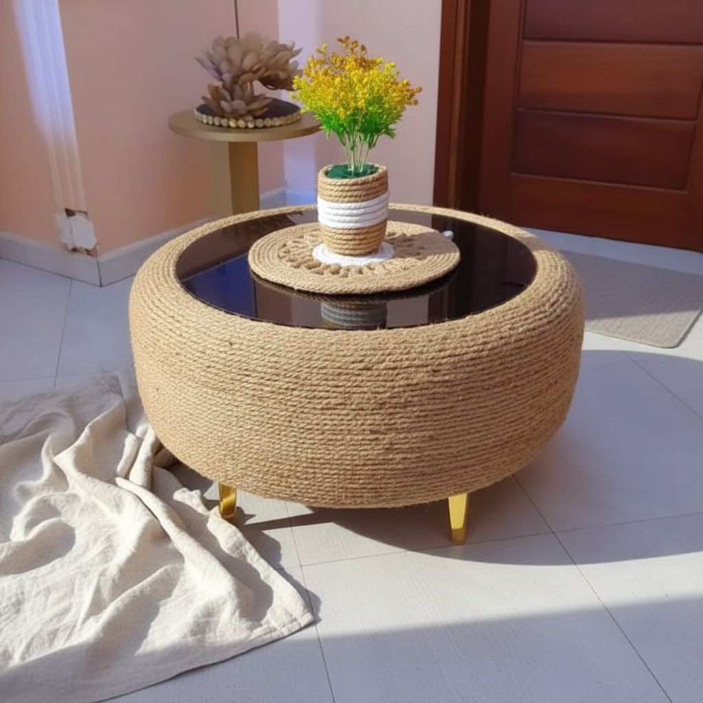 Table Basse Ronde en Corde Naturelle et Plateau en Verre Noir