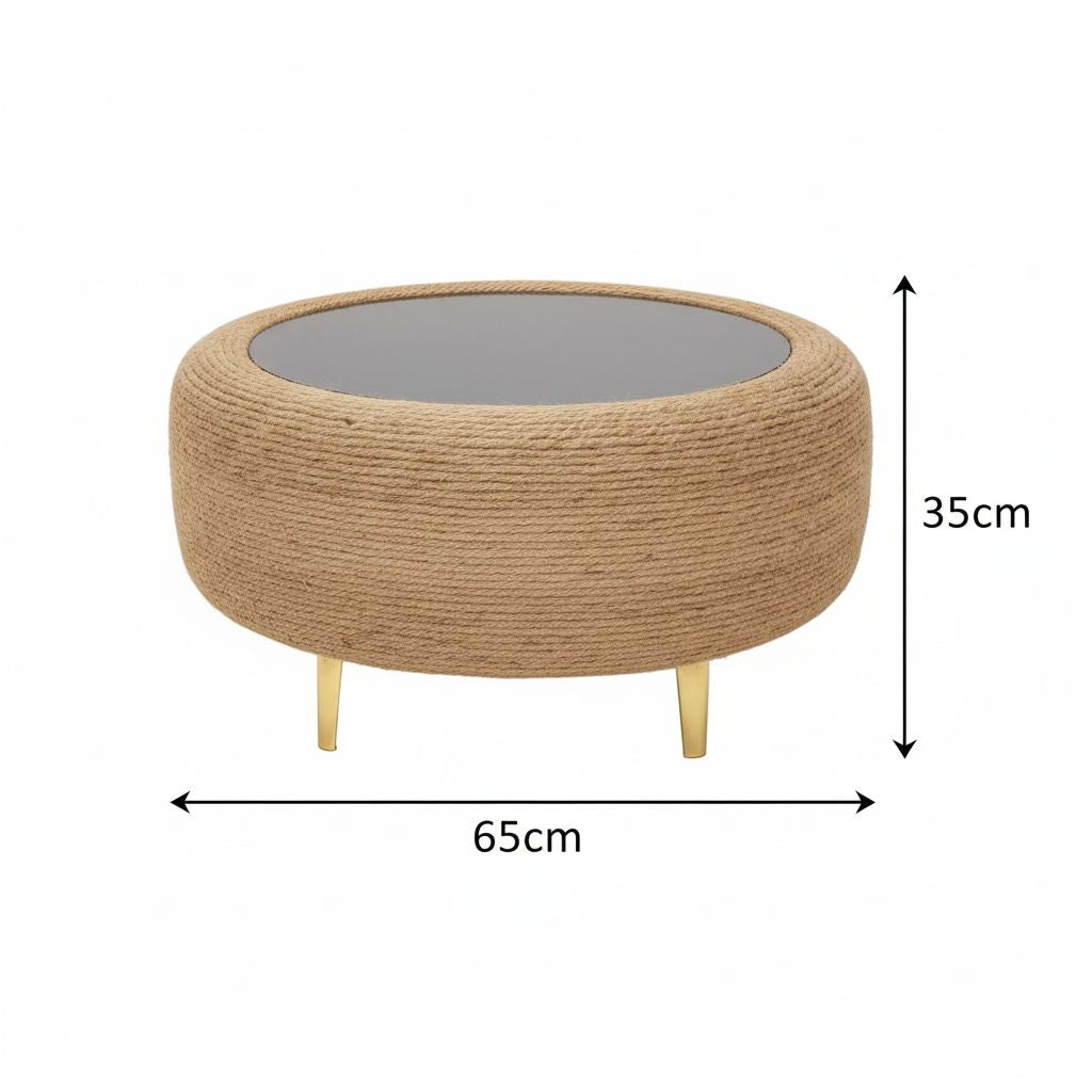 Table Basse Ronde en Corde Naturelle et Plateau en Verre Noir