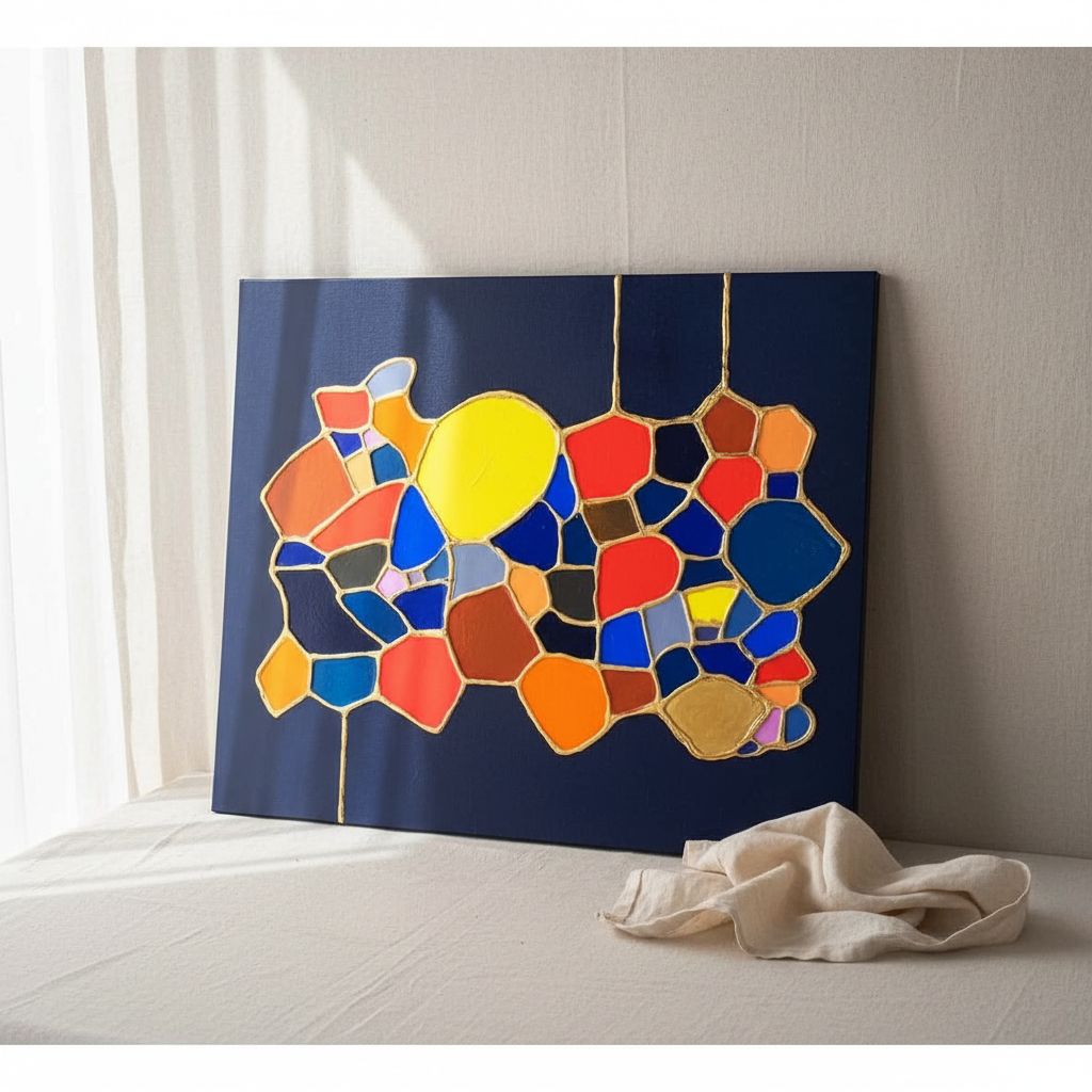 Tableau Abstrait Multicolore sur Fond Bleu Nuit