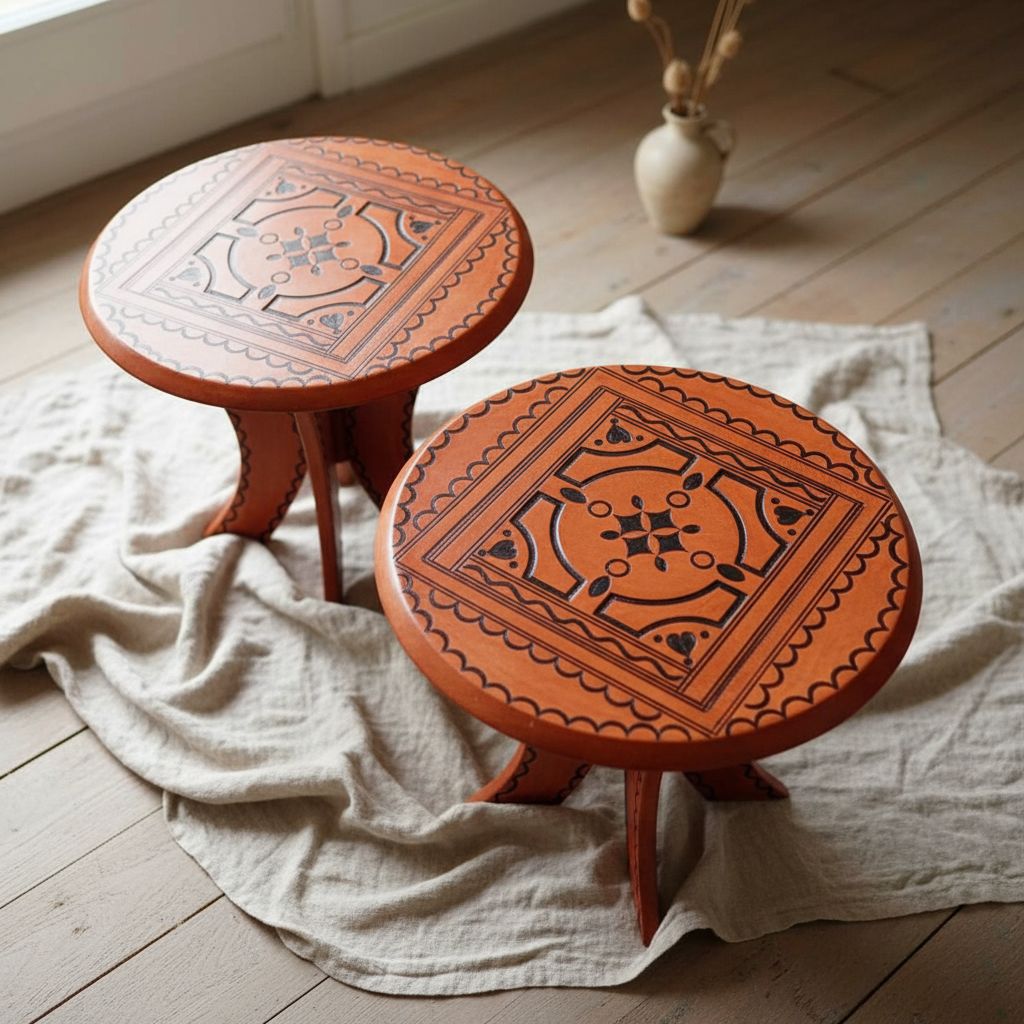 Tabouret artisanal en cuir Touareg orange – mobilier marocain décoratif
