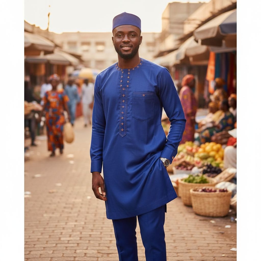 Tenue africaine homme bleu marine 3 pièces brodée