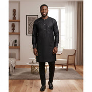 Tenue africaine homme chemise noire col rond avec poche (Taille XL)