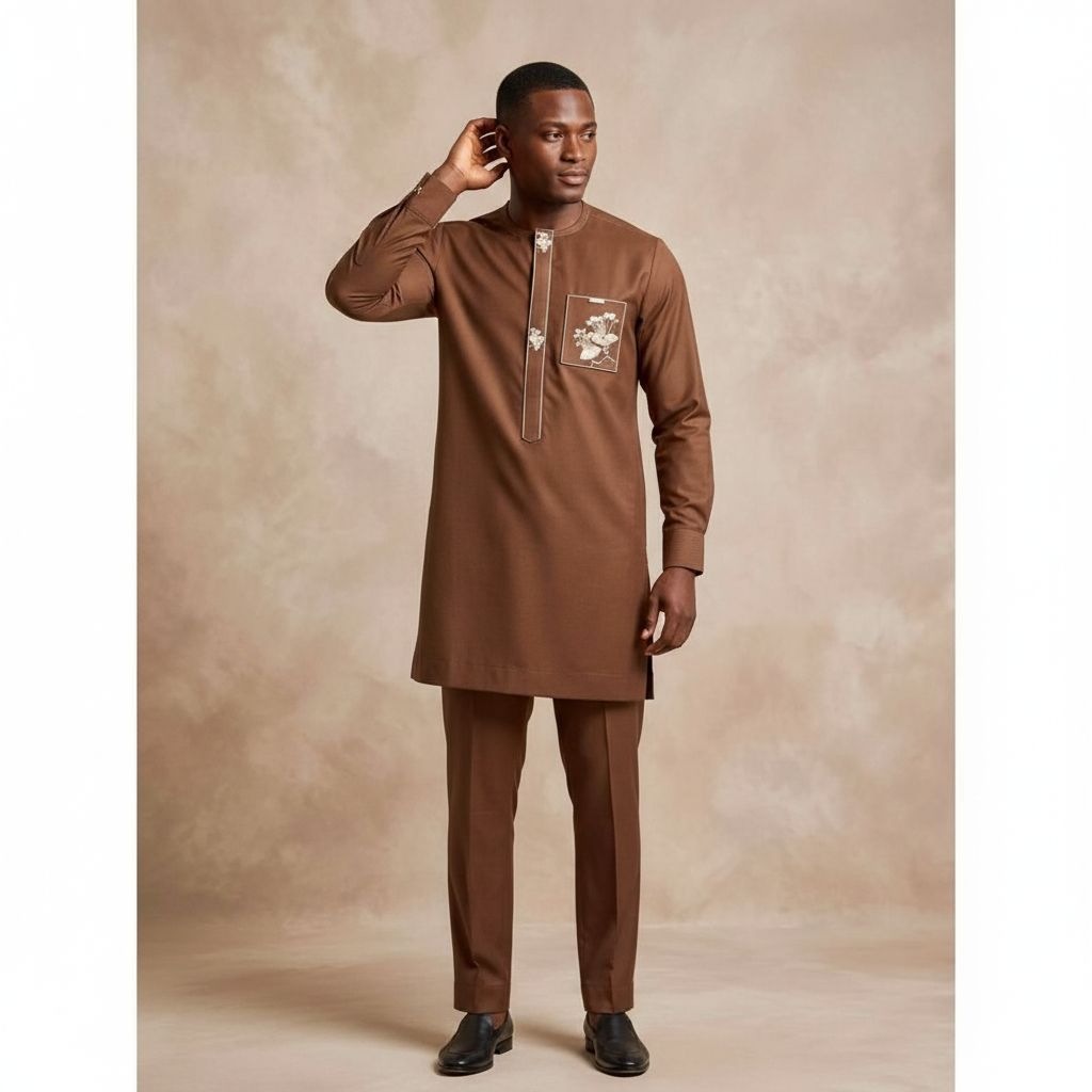 Tenue africaine homme brodée marron – Ensemble traditionnel élégant XL XXL