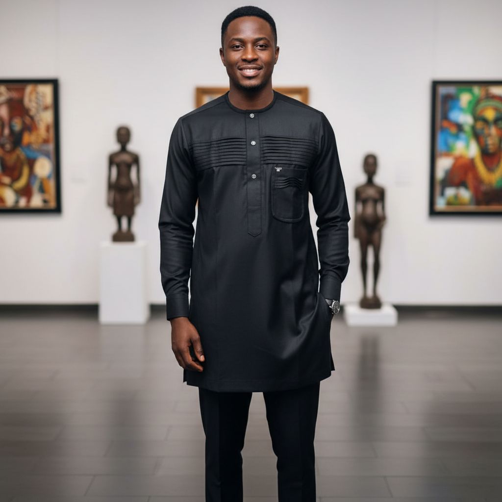 Tenue africaine homme chemise noire col rond avec poche (Taille XL)