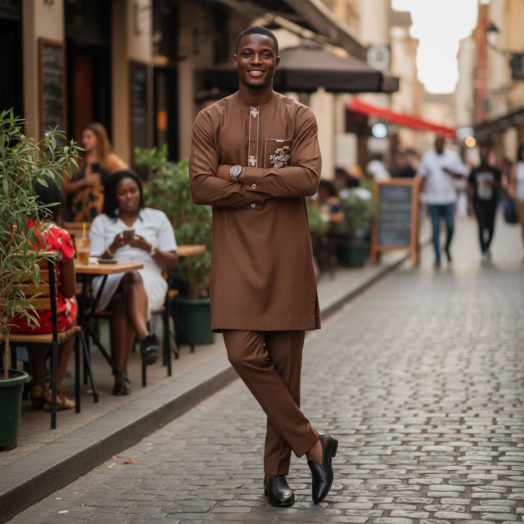 Tenue africaine homme brodée marron – Ensemble traditionnel élégant XL XXL