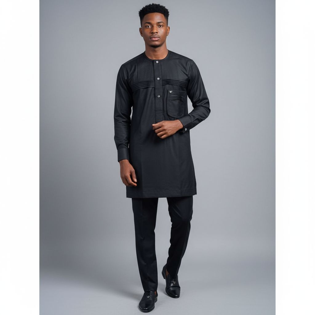Tenue africaine homme chemise noire col rond avec poche (Taille XL)