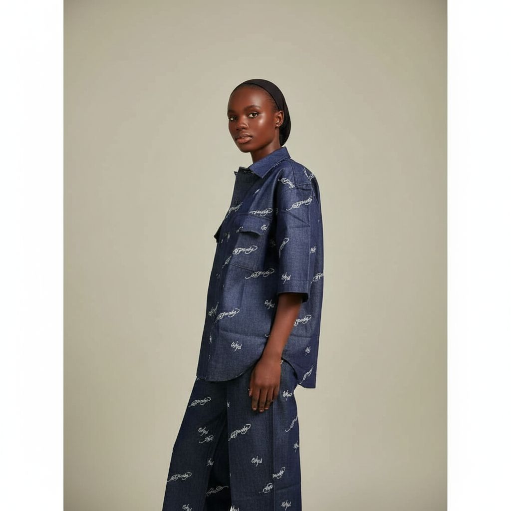 Tenue denim unisexe : chemise oversize et pantalon imprimé blanc