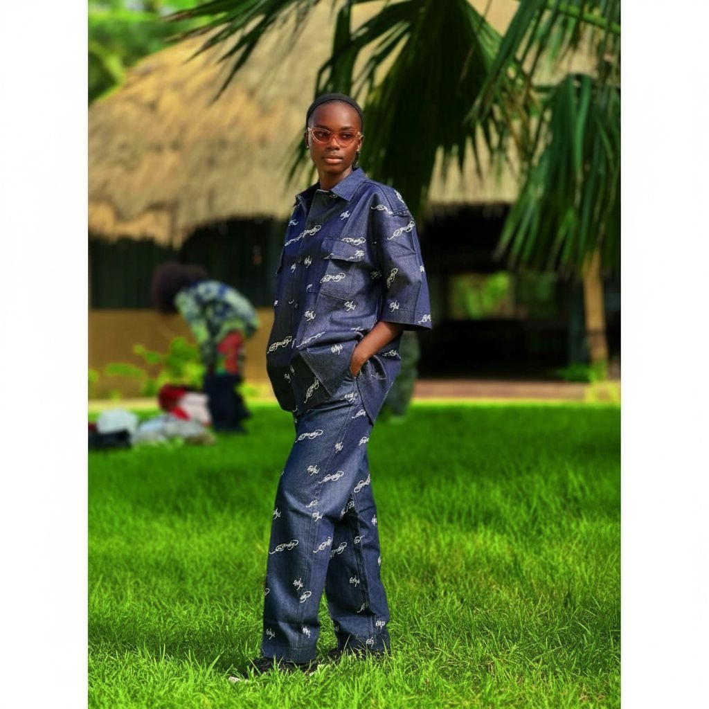 Tenue denim unisexe : chemise oversize et pantalon imprimé blanc