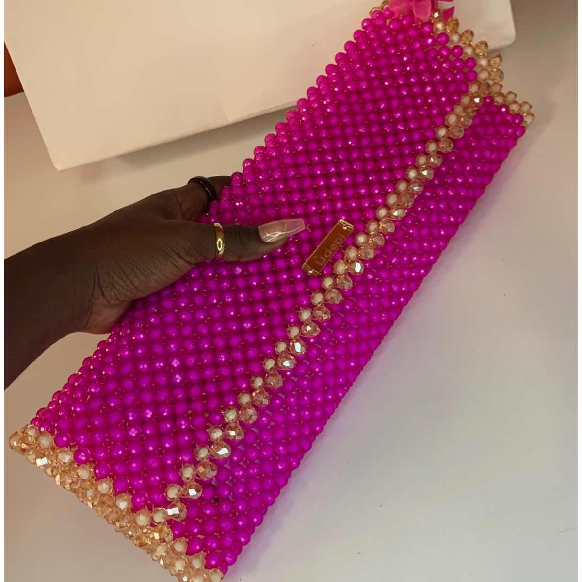 Sac en perles fait main rose doré, pochette élégante soirée femme