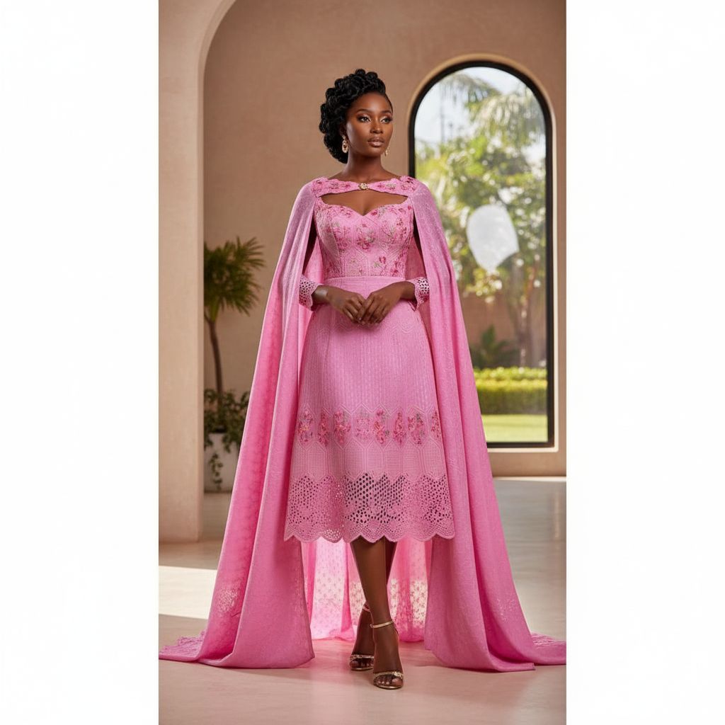 Tissu rubia coton chic rose brodé fleurs, idéal cérémonie et haute couture