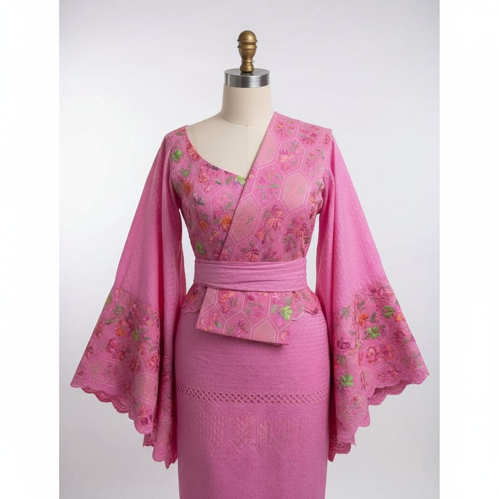 Tissu rubia coton chic rose brodé fleurs, idéal cérémonie et haute couture