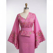 Tissu rubia coton chic rose brodé fleurs, idéal cérémonie et haute couture