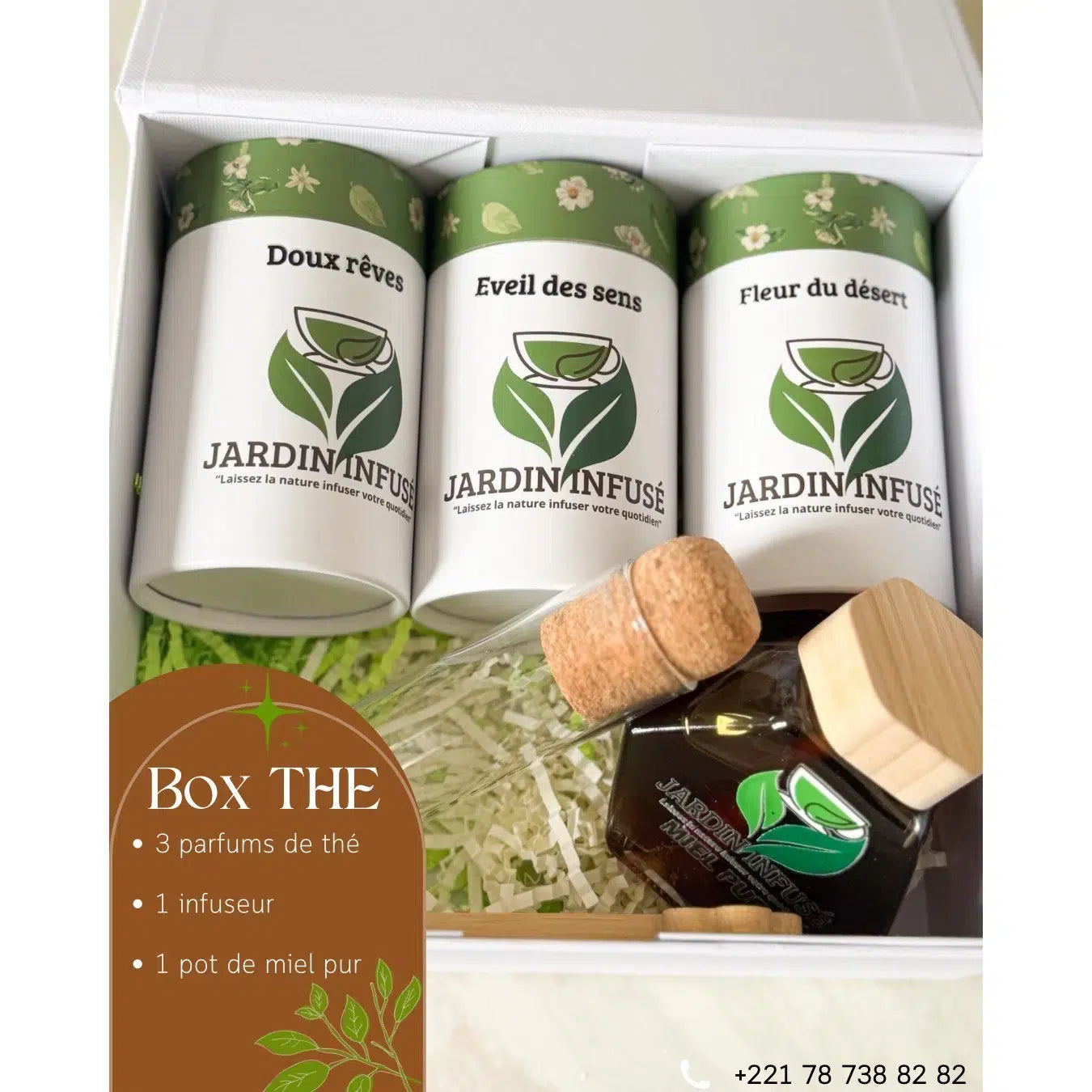 Box thé premium artisanale avec miel et infuseur irrésistible