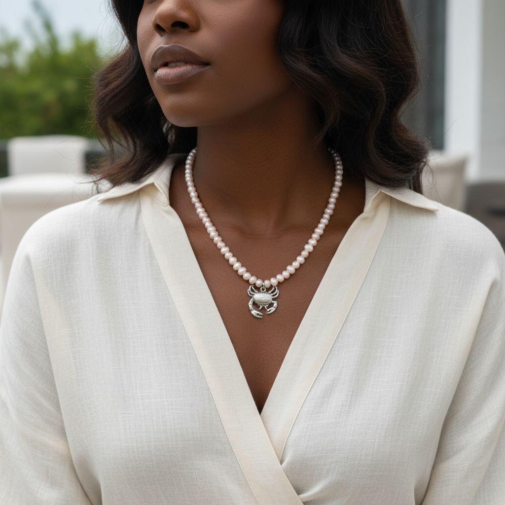 Collier perle d’eau douce crabe argenté acier inoxydable