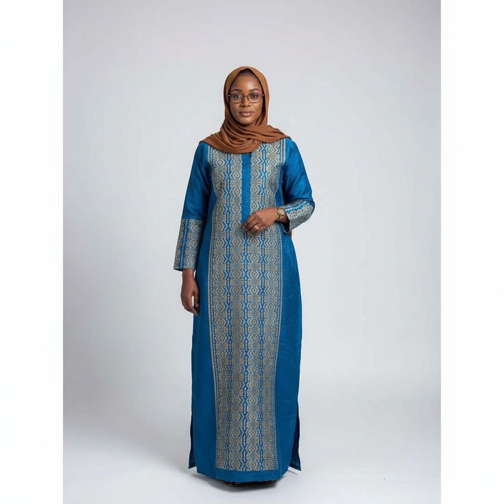 Robe en pagne tissé femme bleu or – Élégante robe africaine longue
