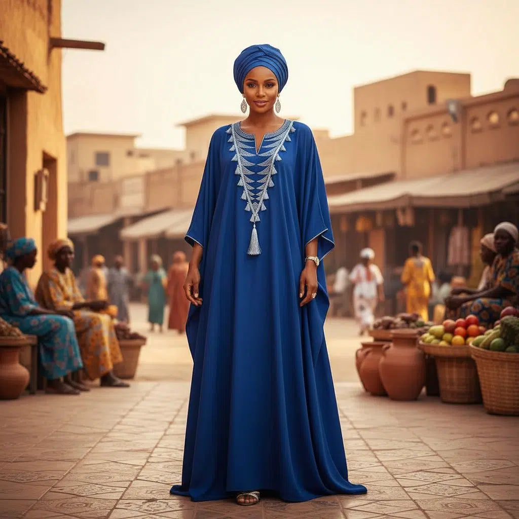 Boubou femme élégant bleu royal brodé – robe africaine chic cérémonie
