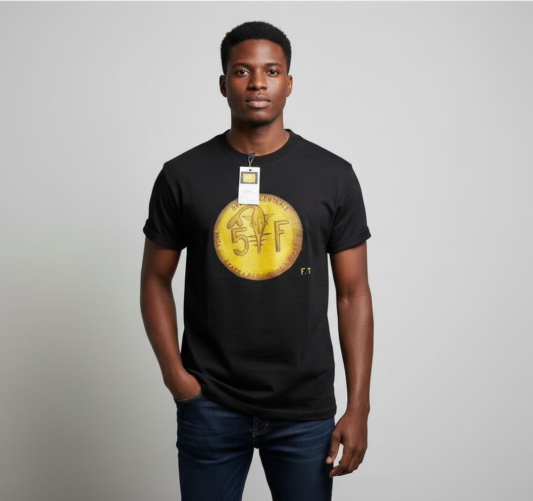 T-shirt peint à la main noir design africain pièce de monnaie