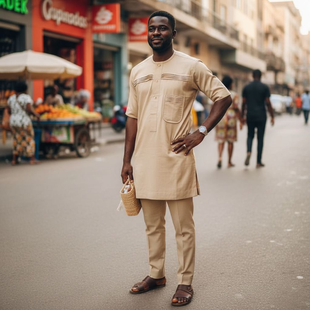 Vêtement homme beige élégant en coton, haut traditionnel col rond raffiné