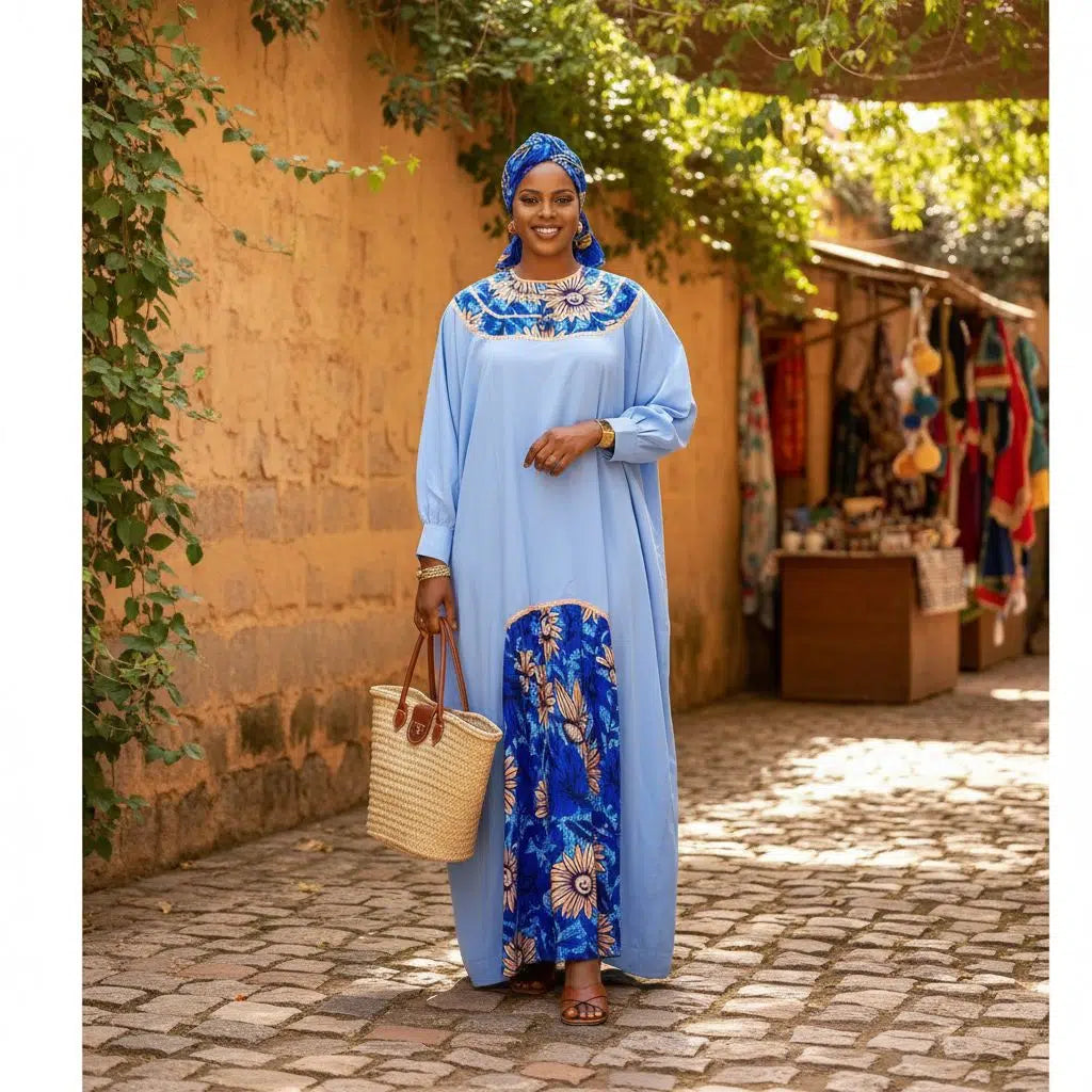 Tunique femme sénégalaise élégante, robe longue africaine avec foulard
