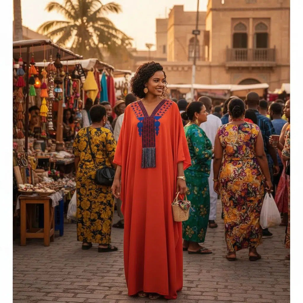 Tunique brodée femme orange – Élégance ethnique chic, pagne tissé artisanal