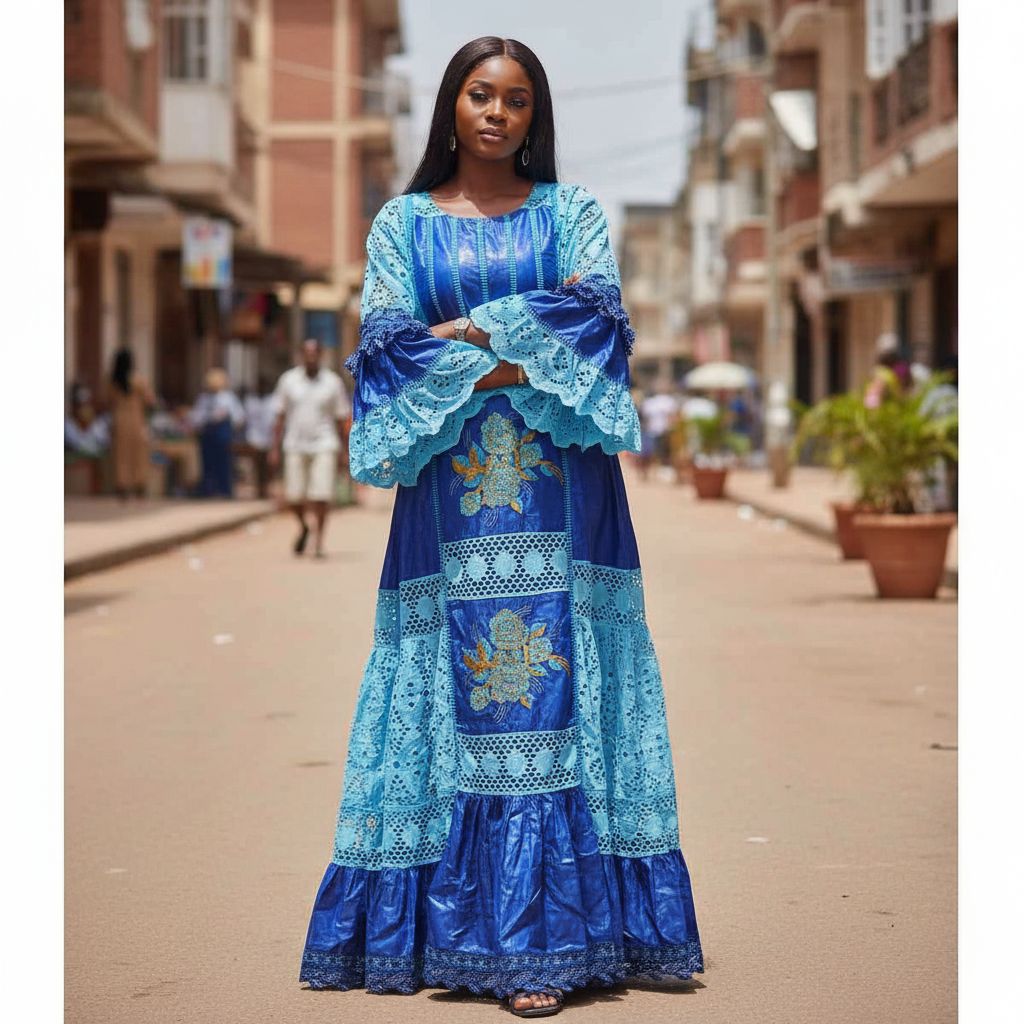 Robe bazin bleu brodée élégante robe africaine de cérémonie femme